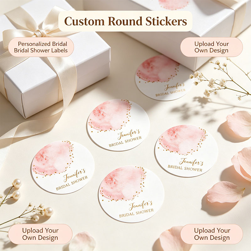 Personalized Name Box - カスタムブラッシュピンクゴールドコンフェッティラウンドステッカー、名入れパステルピンクスプラッシュグリッタードット、ギフトボックス包装ステッカー